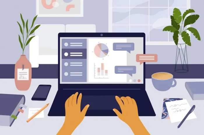 stay at home, work or study remotely student desktop e-learning, online education or internet courses man or woman working from home by laptop coronavirus quarantine isolation vector illustration