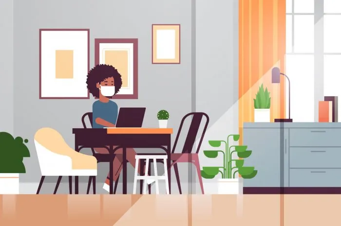 african american woman in protective mask using laptop coronavirus pandemic quarantine concept work from home online education freelance modern living room interior full length horizontal vector illustration