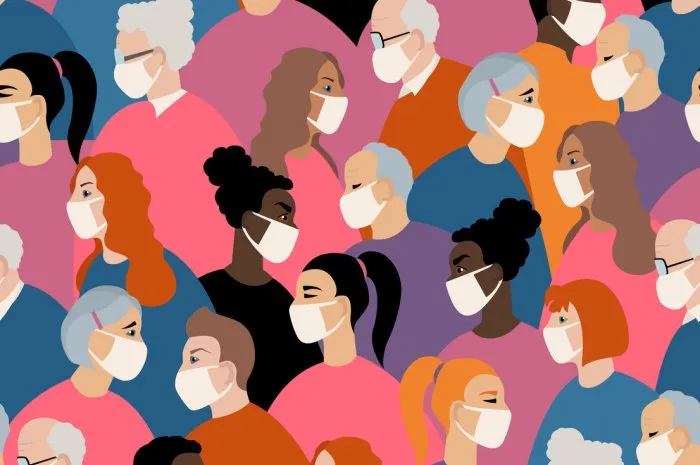 many different ages and nationatily people in medical face mask seamless pattern quarantine, stop coronavirus epidemic design concept vector illustration