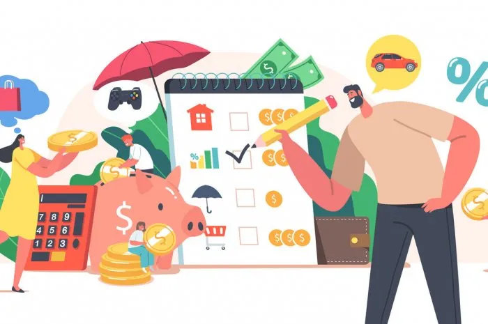 family budget planning concept people earn and save money, tiny male and female characters collect coins into huge piggy bank universal basic income, capital, wealth cartoon vector illustration