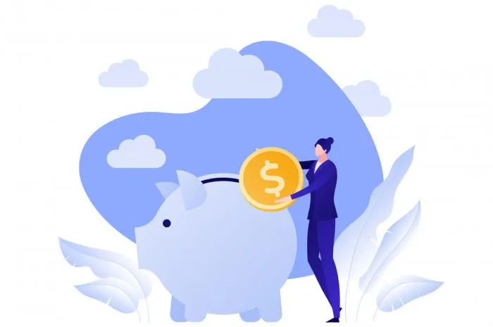 vector flat piggybank money save illustration female holding coin and pig on blue sky background concept of banking, income deposit, pension design element for business banner, poster, infographic