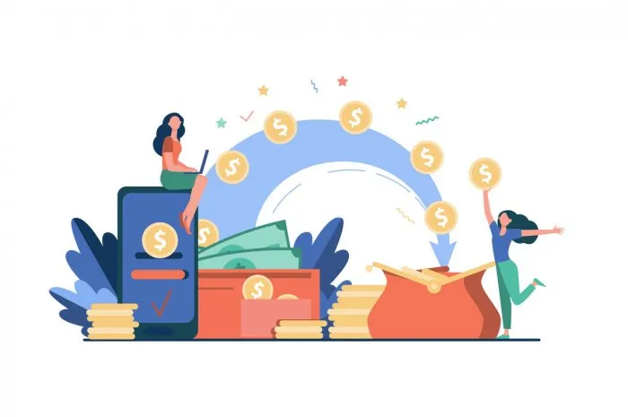 stylized people sending payment and receiving money isolated flat vector illustration cartoon tiny woman with wallet and coins remittance, bank and financial transactions concept