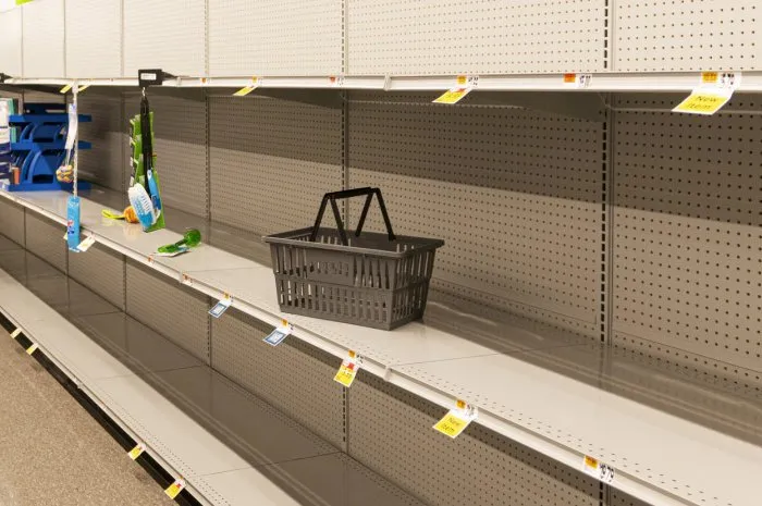 grocery store shelves are empty due to panic buying caused for the caronavirus pandemic
