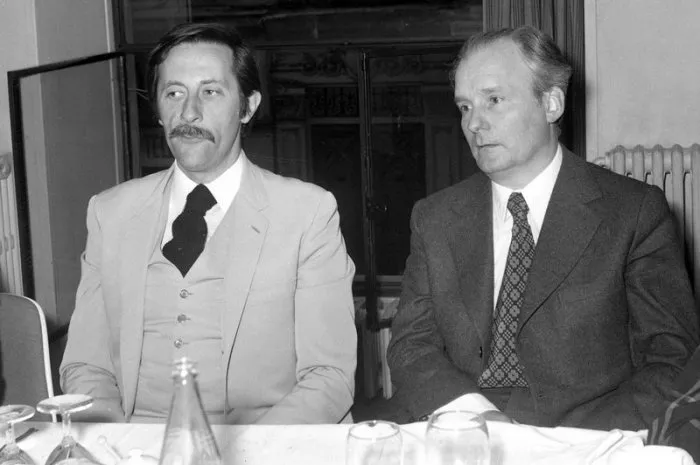 archive - 1973 - presentation du film le complot a lyon, frence en 1973 avec jean rochefort et michel bouquet photo by aps-medias abacapresscom