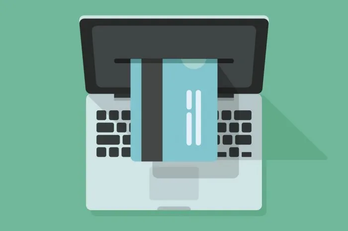 laptop with credit card processing vector illustration isolated on green background, concept of internet online shopping, electronic payment, ecommerce technology