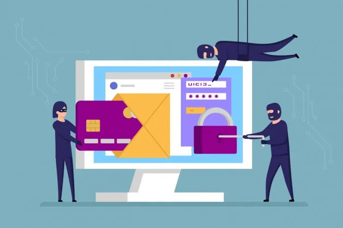 fraud and scammers concept cartoon scammers in masks use all kinds of sneaky approaches to steal your personal details to use your credit card or open a bank account flat style vector illustration