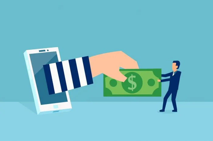 cyber crime and online theft concept vector of a virtual thief breaking into mobile internet account of a businessman stealing money from him