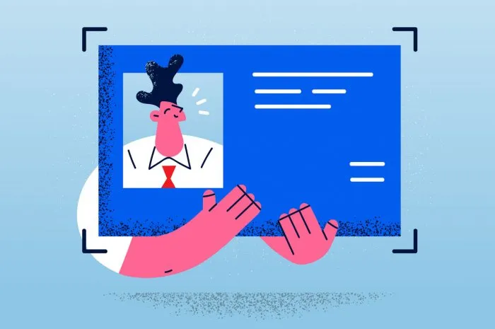 identity card with photo concept smiling man worker cartoon character holding document identification with his face as photo vector illustration