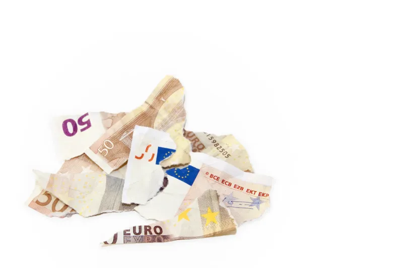 a 50 euro note torn apart in several pieces forming a mound