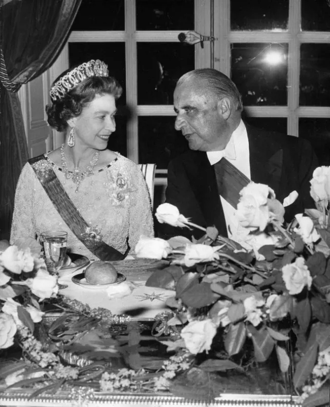 date unknown - london, england, uk - president of the french republic georges pompidou at a dinner with her royal highness queen elizabeth ii photo by keystone press agency zuma abacapresscom
