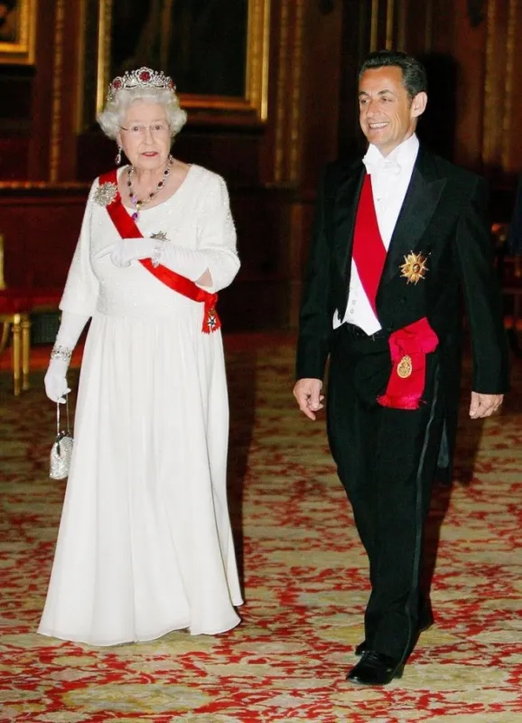 queen elizabeth ii and french president nicolas sarkozy arrive for a state banquet held at windsor castle in london, uk on march 26, 2008 photo by carl de souza pa photos abacapresscom