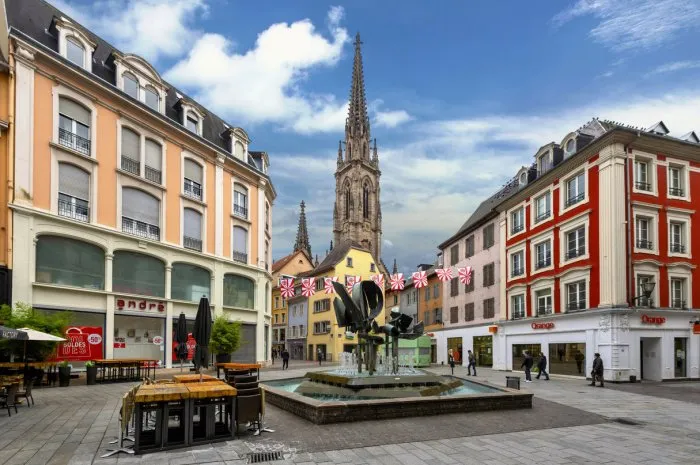 mulhouse, france, october 16, 2020  view of the center of this alsatian town in the background is the bell tower of the protestant temple saint-Étienne