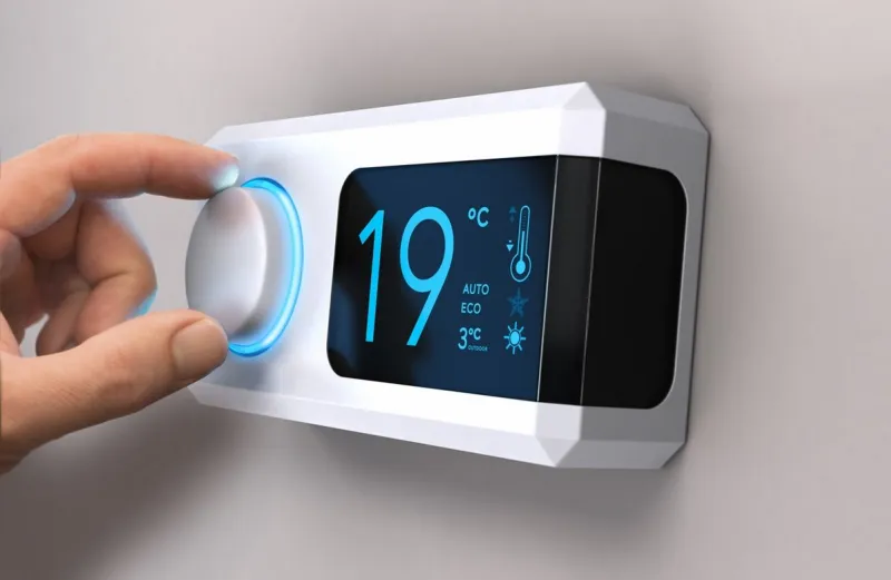 hand turning a home thermostat knob to set temperature on energy saving mode celcius units composite image between a photography and a 3d background