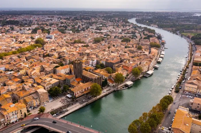 picturesque aerial view of old french town of agde