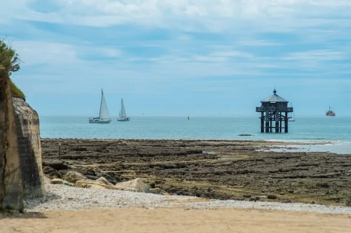 la rochelle, france - may 07, 2019  le phare du bout du monde or the end of the world lighthouse at the tip of the minimes beach in la rochelle