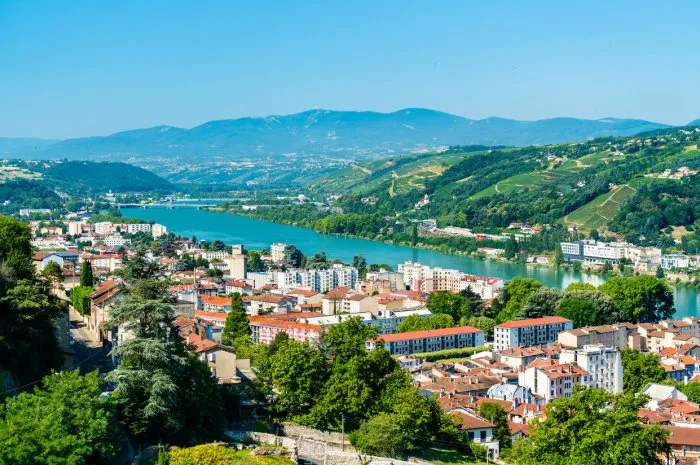 aerial panorama of vienne with the rhone river in the isere department of france