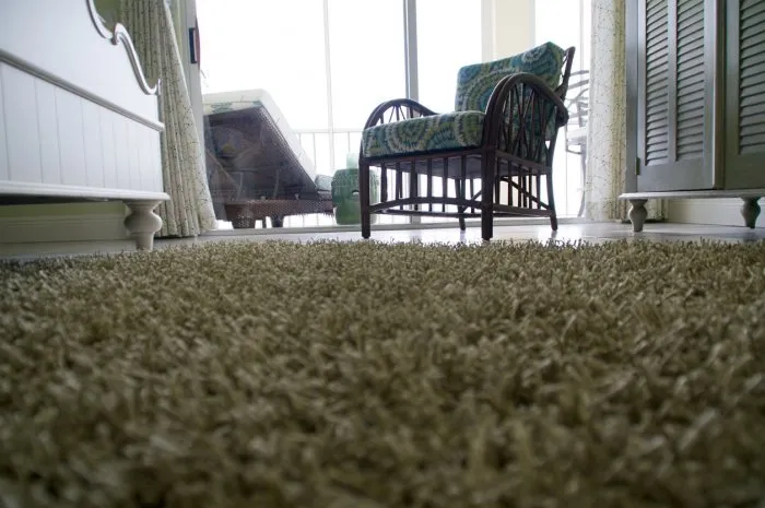 low angle view of room looking across a shag carpet on a tile floor with furniture