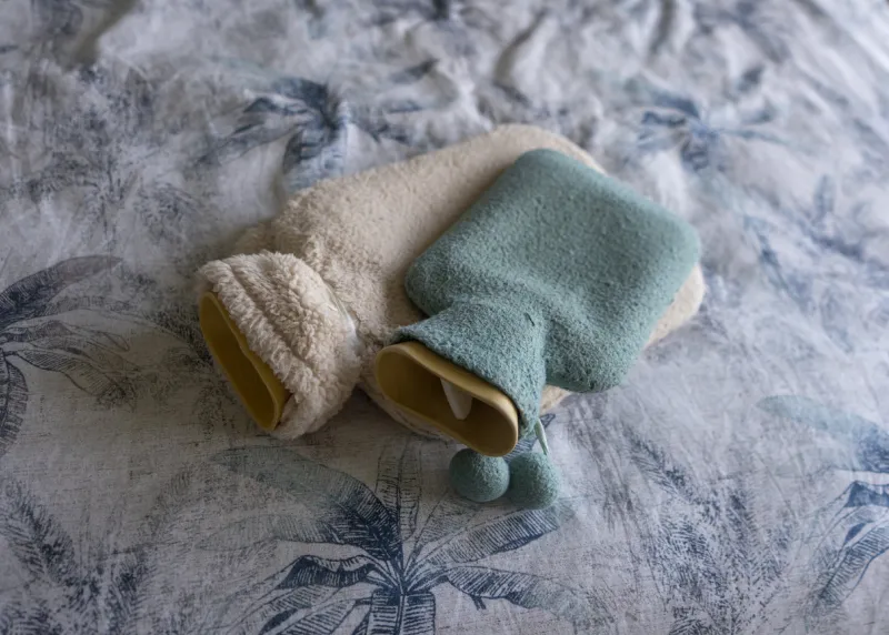 photo of two hot water bottles with fluffy covers