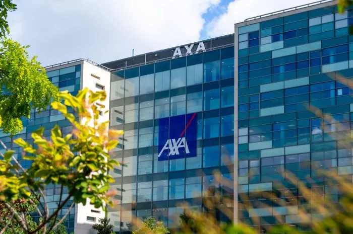 nanterre, france - july 29, 2021  exterior view of the building housing the headquarters of axa, an international french group specializing in insurance and asset management