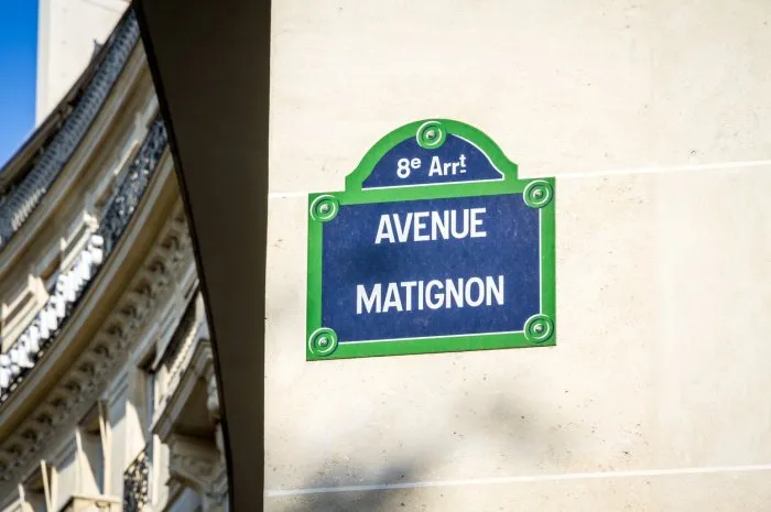 avenue matignon street sign in paris, france