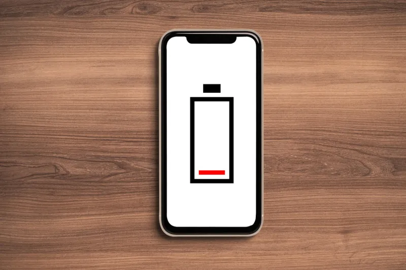 low battery icon mock up on smartphone on wooden background