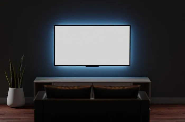 tv mockup in the dark living room at night 3d illustration tv screen, tv cabinet, plant