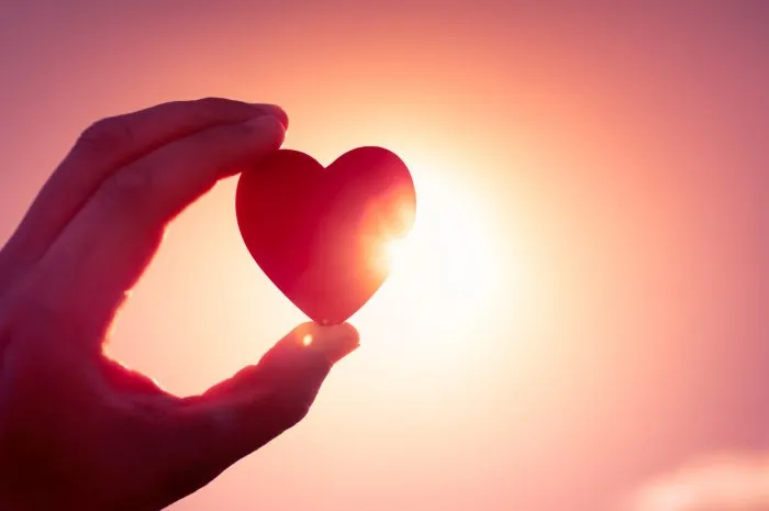 hand holding heart at sunset against a sun