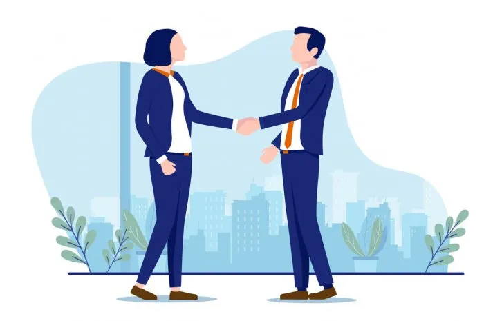 two business people shaking hands in office deal, partnership, equality and agreement concept vector illustration on white background