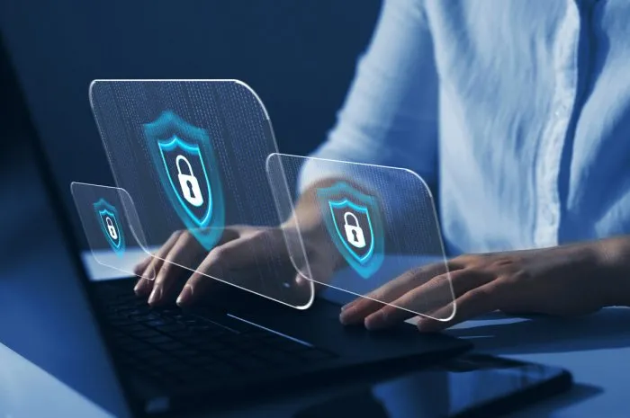 cyber security firewall interface protection concept businesswoman protecting herself from cyber attacks personal data security and banking