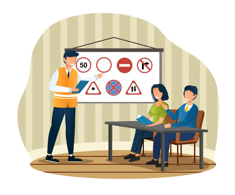 male and female characters are studying in driving school male teacher standing with clipboard next to board with theory study signs students study traffic rules flat cartoon vector illustration