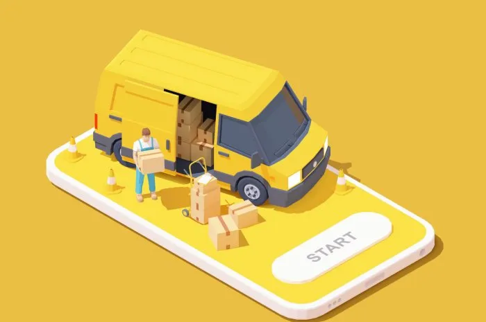 vector parcel and mail delivery service and tracking app illustration, smartphone with yellow delivery truck, express delivery courier holding cardboard box
