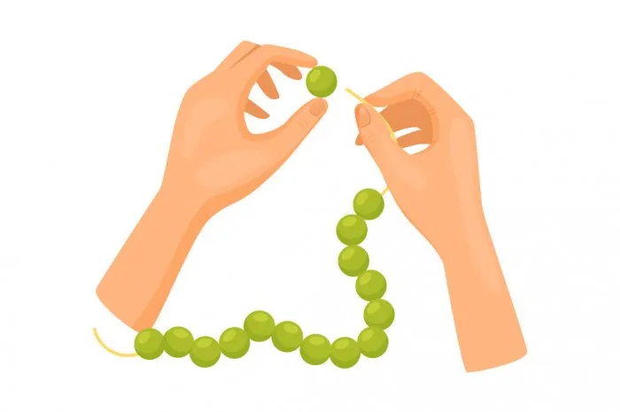 human hands working with green beads, top view handmade bijouterie jewelry hobby and leisure theme cartoon vector design colorful illustration in flat style isolated on white background