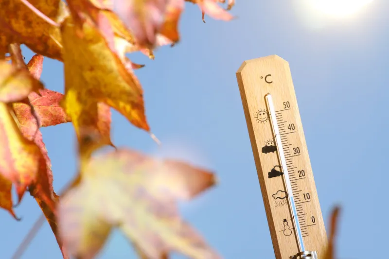image of a thermometer with pretty colors of fall in the background