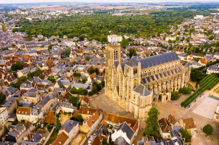 aerial view of bourges cityscape and cathedral of saint stephen in cher department, france
