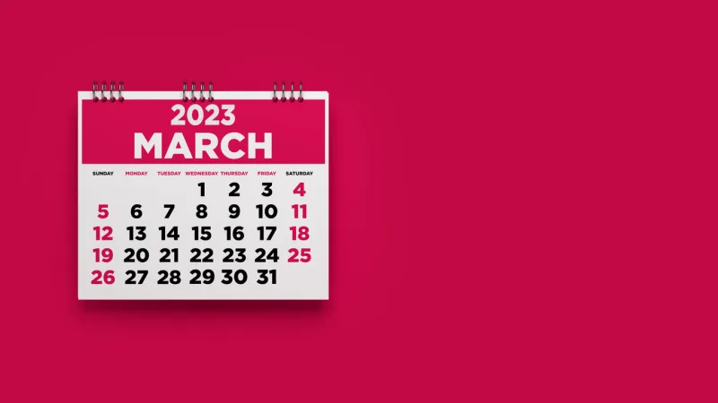 2023 march calendar on red color background horizontal composition isolated with clipping path