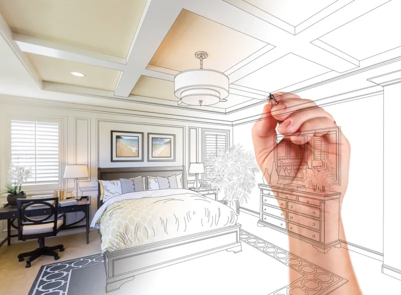 hand drawing custom master bedroom design with gradation revealing photograph