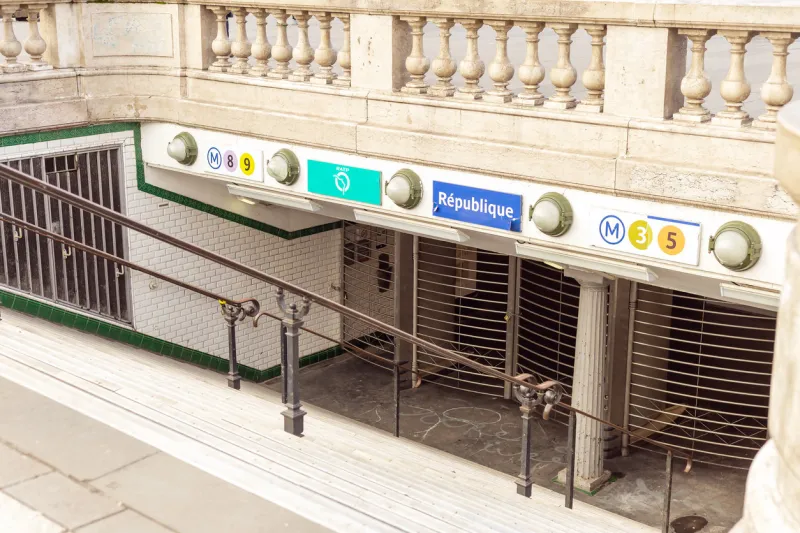 paris, france 2019 closed entrance to the republic metro station because of the strikeparis city transport does not work strike of trade unions, assertion of rights
