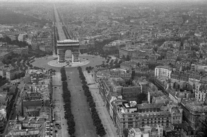 paris,france-07-12-1940 unique historic aerial of place de lètoile and arc de triomphe, taken by a german aerial reconnaissance photographer during german occupation of france