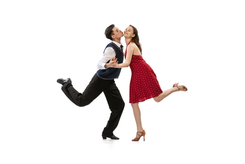 beautiful girl and stylish man in vintage retro style outfits dancing isolated on white background timeless traditions, 60s,70s american fashion style and art dancers look emotional