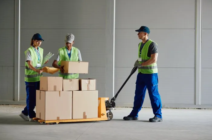 warehouse workers cooperating while organizing shipment boxes at distribution compartment copy space