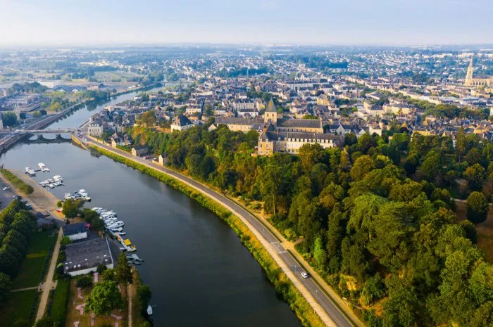 panoramic view from above on the city chateau-gontier and mayenne river france