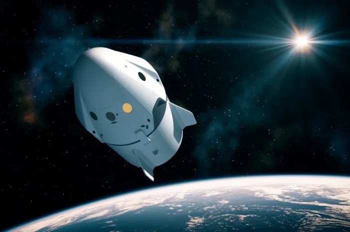 new commercial space capsule orbiting planet earth 3d illustration