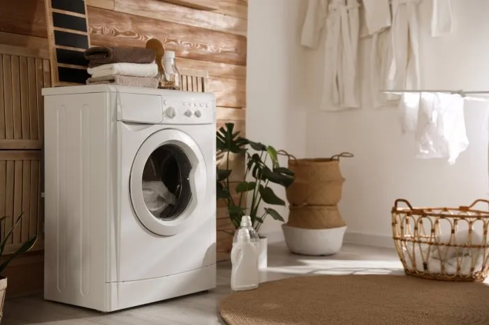 stylish room interior with washing machine design idea