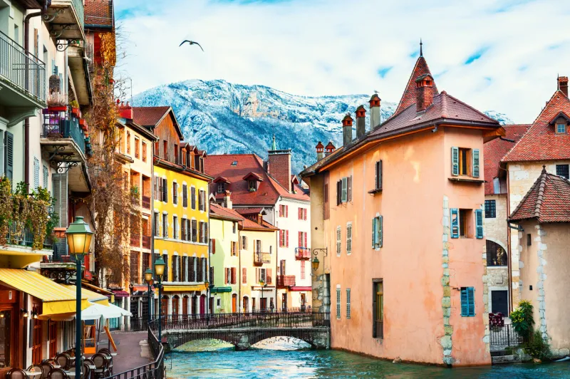 old town with colorful buildings on canal in annecy, france winter cityscape