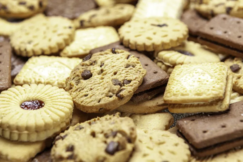 assorted selection of tea biscuits and chocolate chip cookies