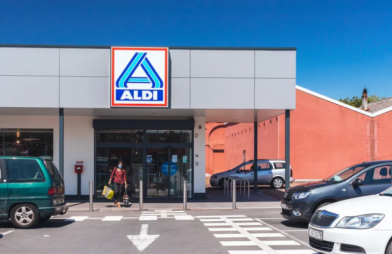 lille, france - june 2021  shopping at aldi, german chain supermarket operating in europe