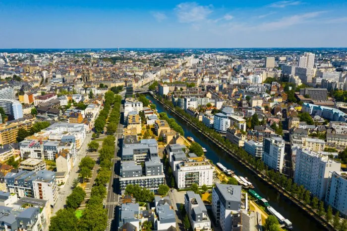 panoramic view of rennes city with modern apartment buildings , administrative center of brittany region, france