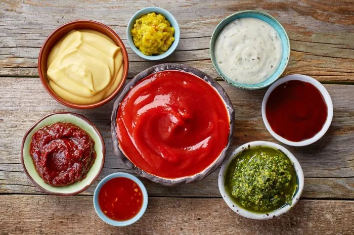 bowls of various dip sauces, top view