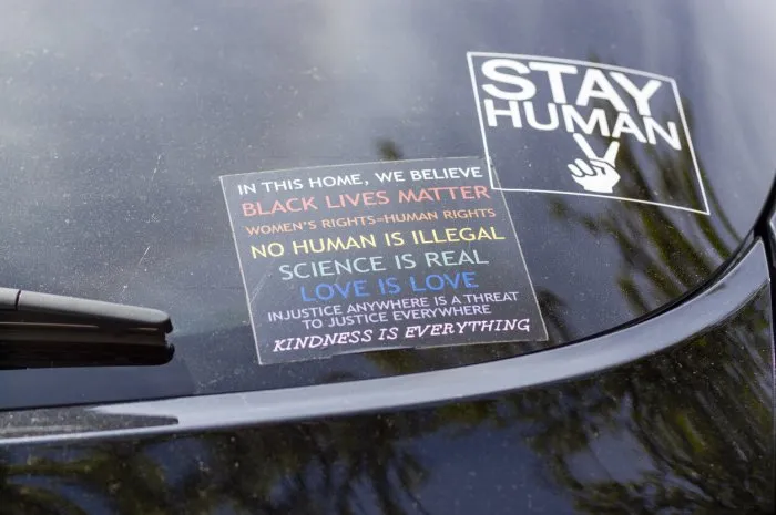 annapolis md, usa 05-02-2021  a manifesto on a windows sticker elements of progressive agenda such as humanity, anti racism, pro immigration, pro gay rights, equality, woman rights, and rationalism