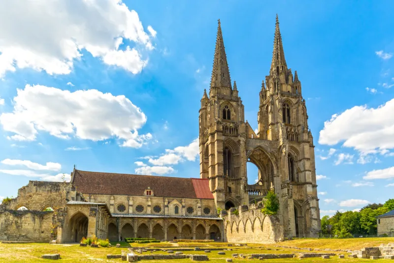 soissons, picardy, france - cathedral and abbey of saint jean des vignes ruins of west facade and towers
